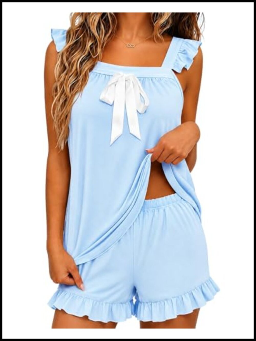 Womens 2 Piece Ruffle Pajama Set Soft Tank Top and Shorts Sleepwear Lounge Set